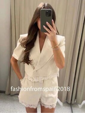ZARA ZW SHORT LACE BLAZER & PLEATED SHORTS COORD SET SMALL S BLOGGER VIRAL